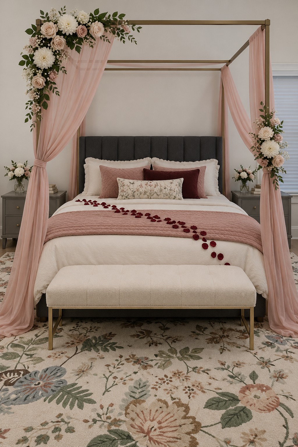 Slim metal canopy bed with blush curtains, asymmetric flowers, a charcoal headboard, and a cream bench