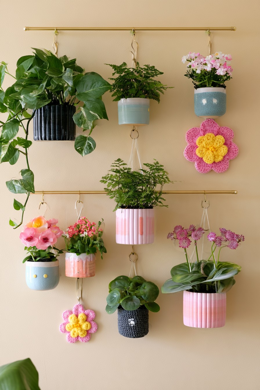 Two brass colored horizontal rails suspending pastel plant pots at different heights with floral ornaments between them