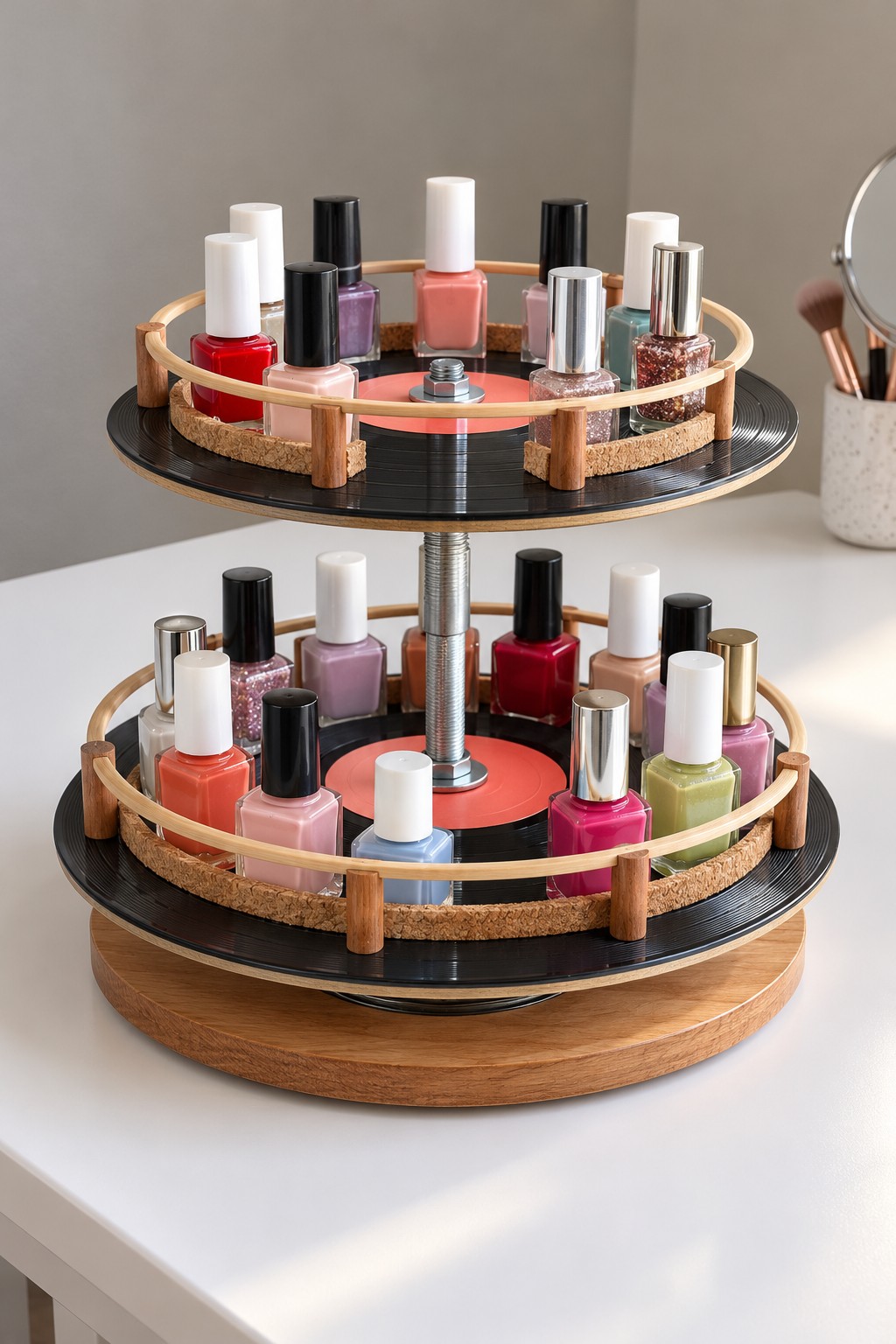 Two tier nail polish stand with black record surfaces, a threaded center rod, cork pads, and circular guard rails