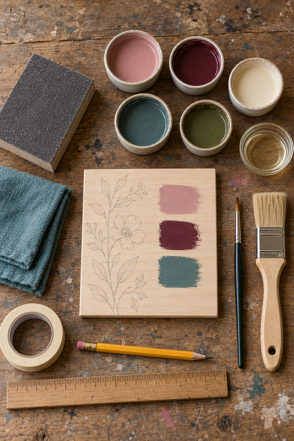 Furniture painting tools with a timber sample, floral outline and muted color swatches