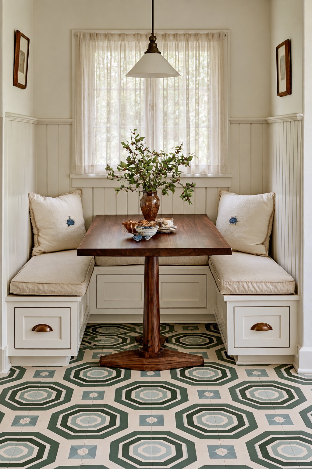 Repeating green and cream octagons with small muted blue square accents beneath breakfast nook seating