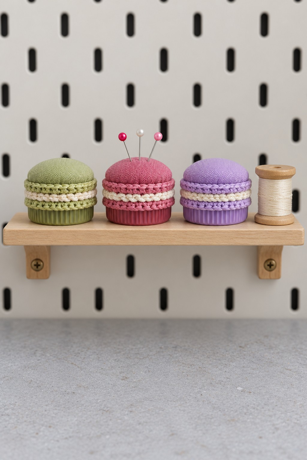 Olive, pink, and lavender fabric pincushions in plastic bottle caps with lace bands and sewing pins