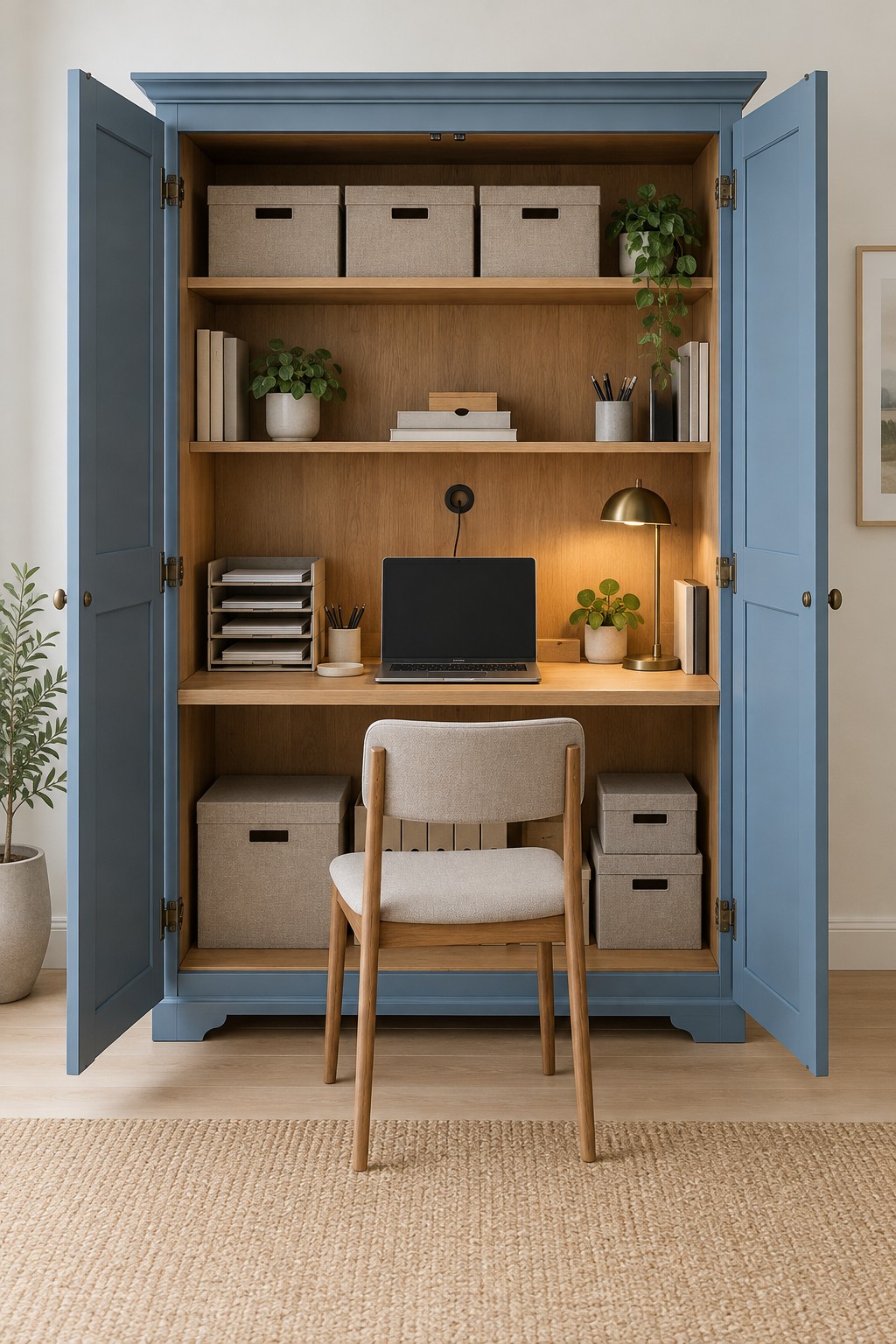 Blue painted wardrobe with both doors open revealing a fitted desk laptop storage boxes shelves and a chair