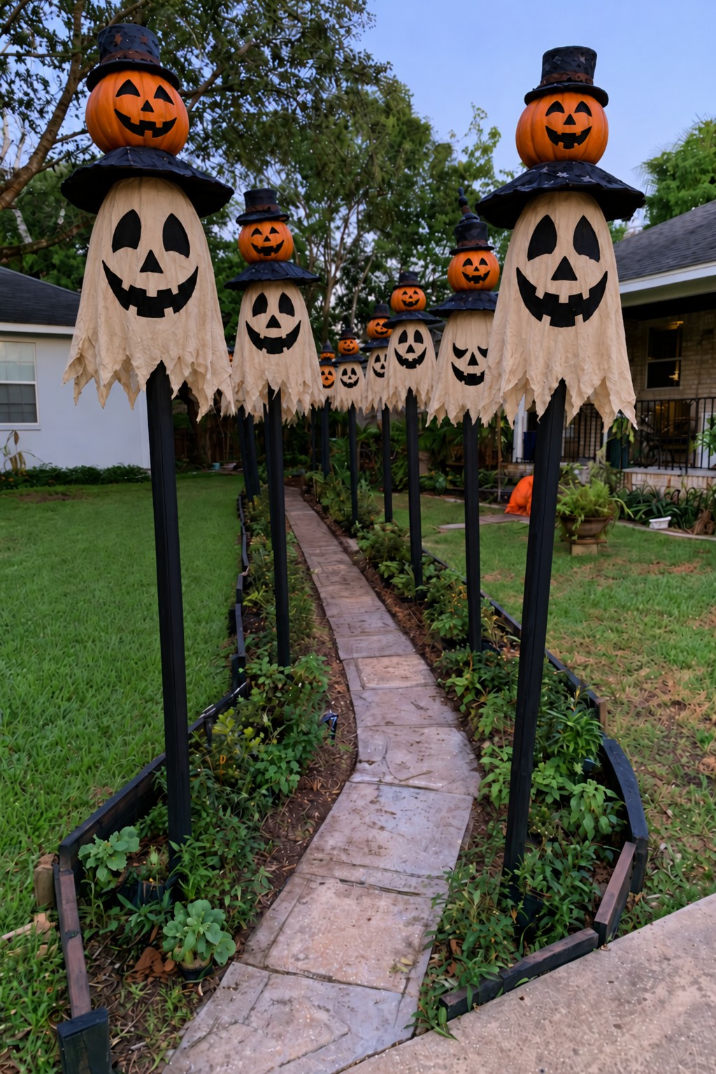 Tall dark garden posts carrying ivory ghost faces and orange pumpkins with black hats
