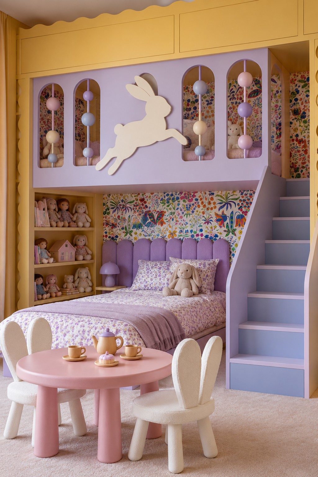 Lavender raised bed facade with white rabbit motif, pastel bead details, right staircase, and a pink tea table with rabbit ear chairs