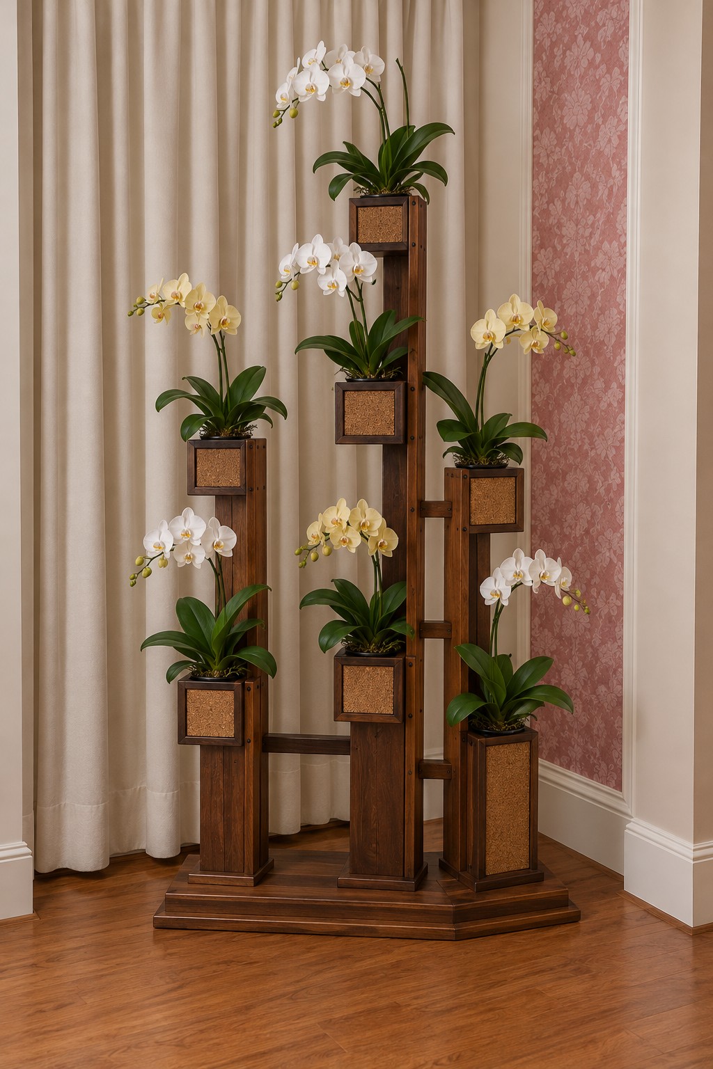 Several timber columns of different heights with square orchid holders on a stepped base