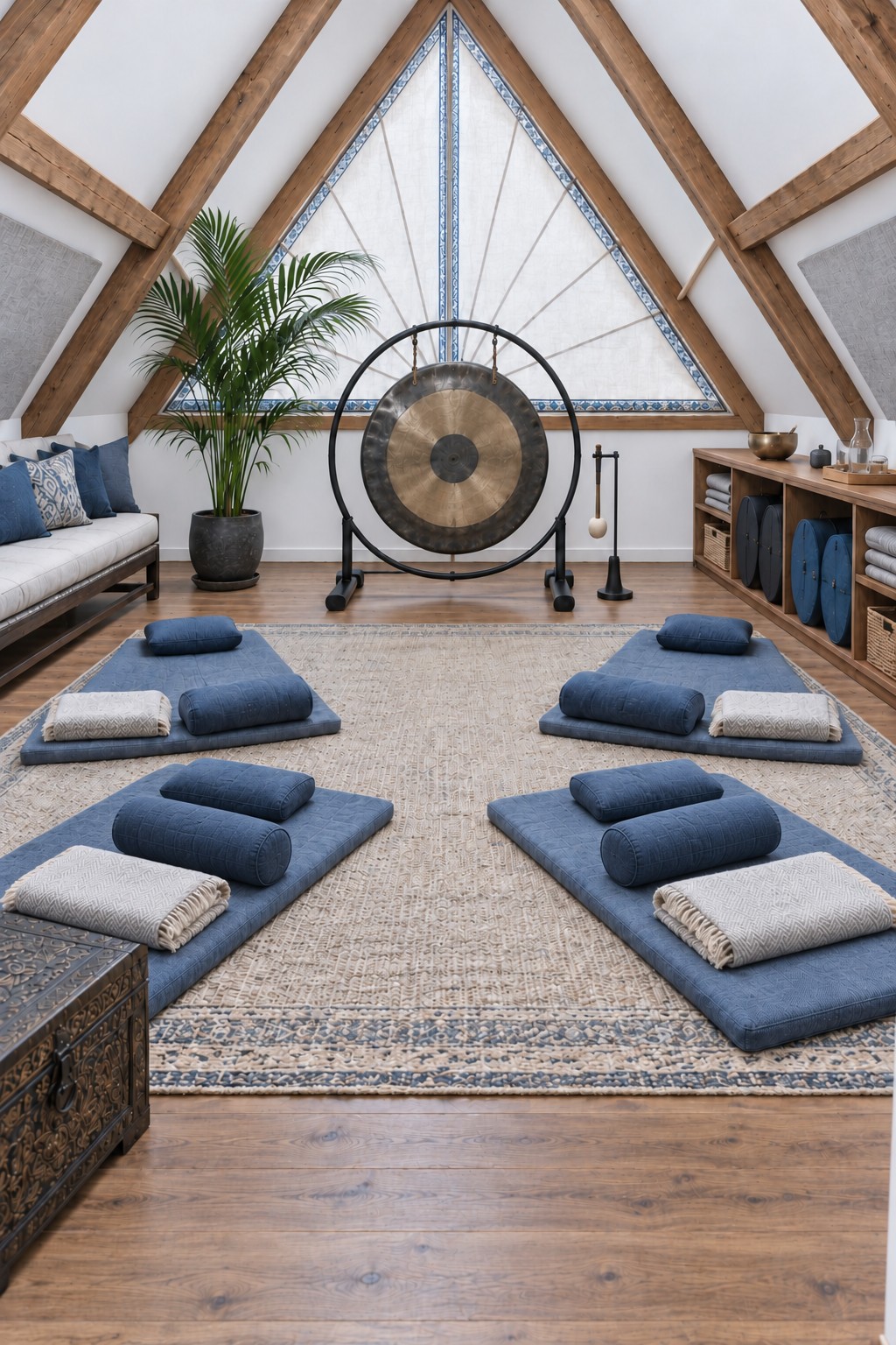Large circular gong in front of a triangular attic window with blue sitting mats and white bolsters