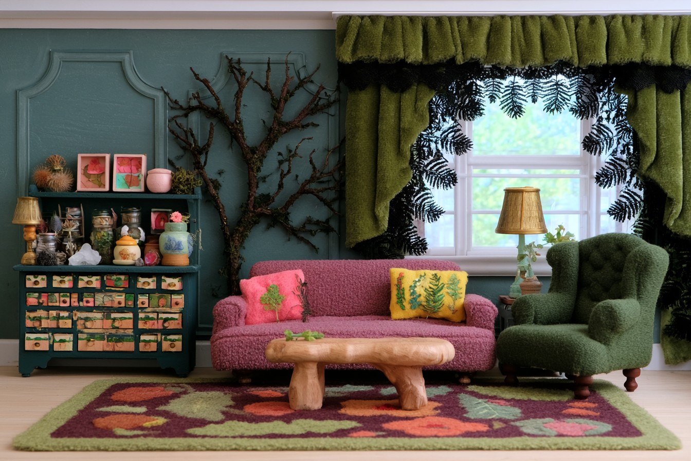 Dusty rose sofa and green armchair beside a teal small drawer cabinet, with a branch wall feature and sculptural wood toned table