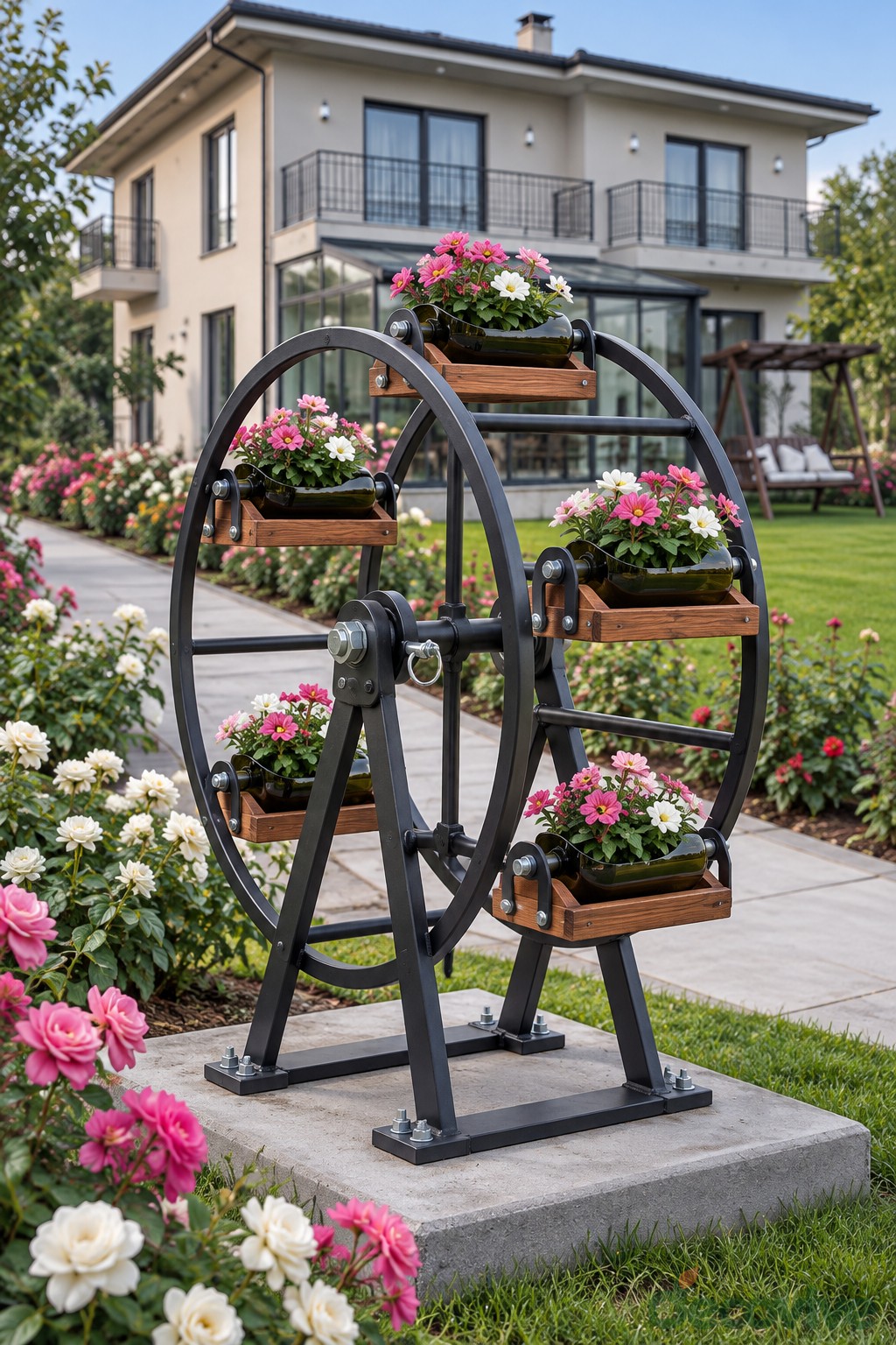 Large upright metal wheel supporting flower trays on a fixed garden stand