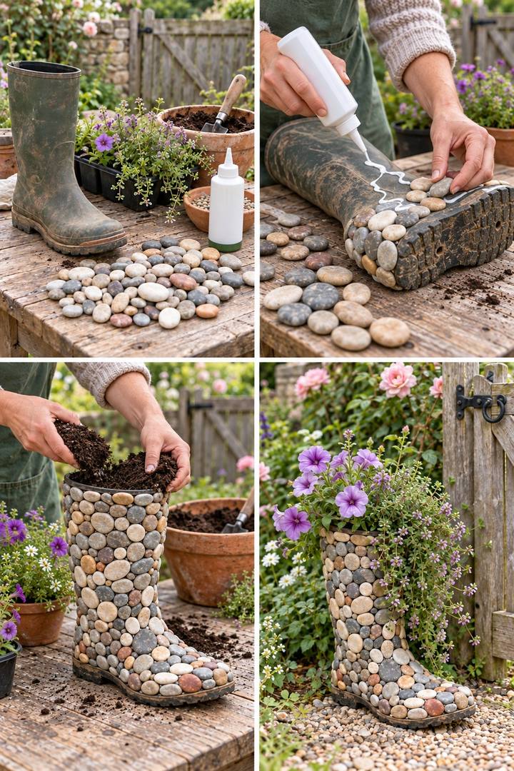 An old rubber boot decorated with small pebbles and planted with purple flowers and trailing foliage