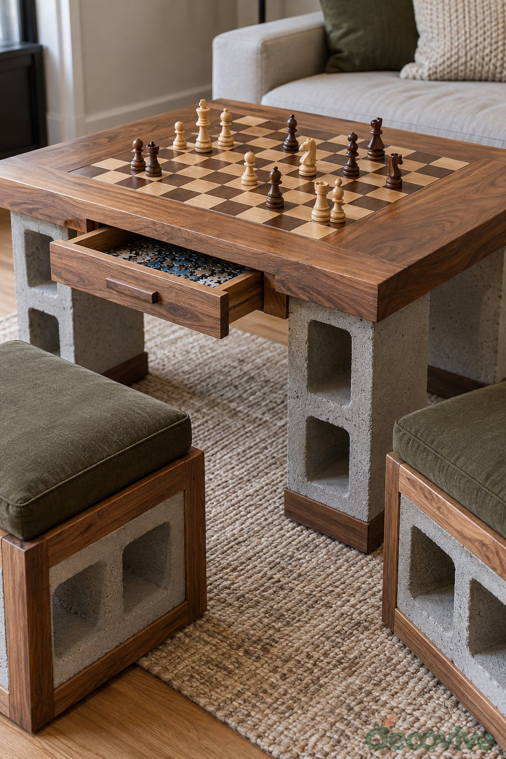 Wooden chess table with a shallow drawer concrete supports and matching stools