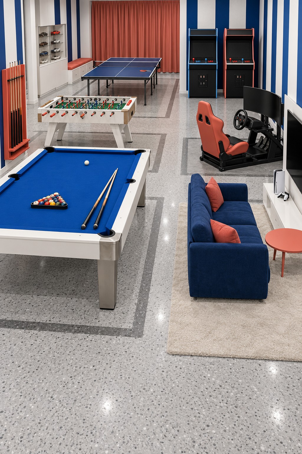 Long blue and white striped basement with pool, foosball, table tennis, arcade cabinets, and a racing seat