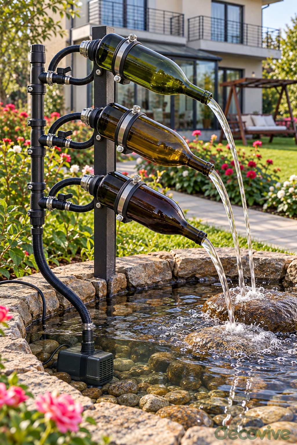 Three angled wine bottles connected to a black manifold pouring into a pond