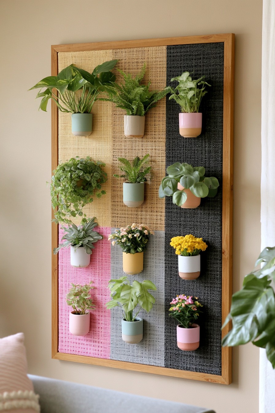 Timber framed woven panel with cream, black, and pink background sections and small pastel plant containers