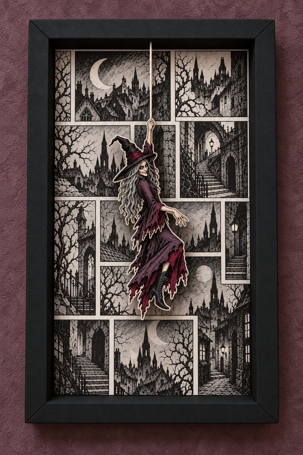 Black 3D paper frame with a suspended burgundy witch over monochrome Gothic town panels