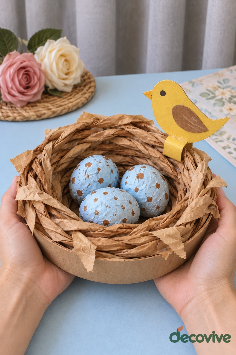 Finished twisted paper bird nest with speckled eggs