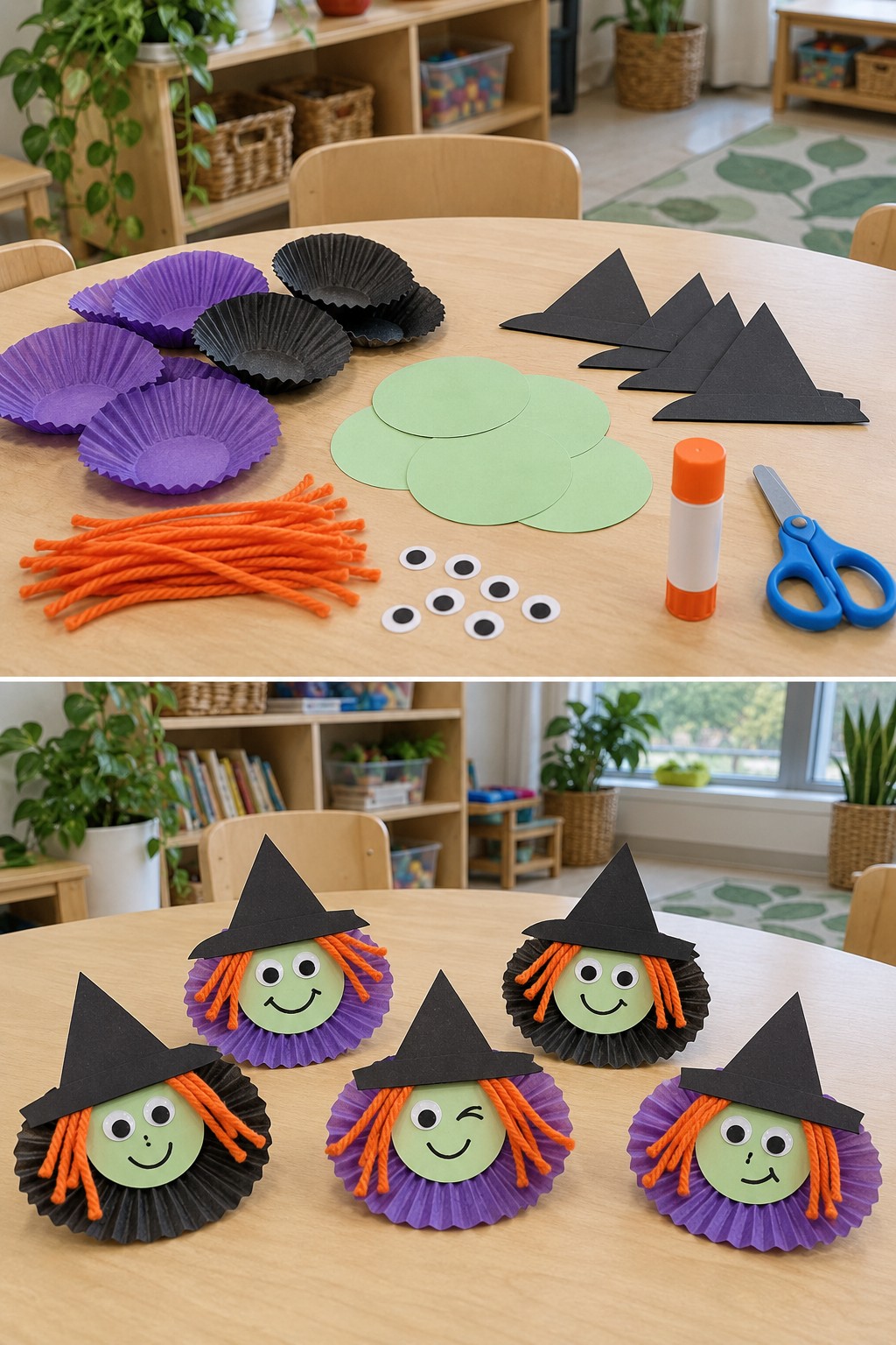 Cupcake liners, green circles and orange yarn above smiling paper witch faces with black hats