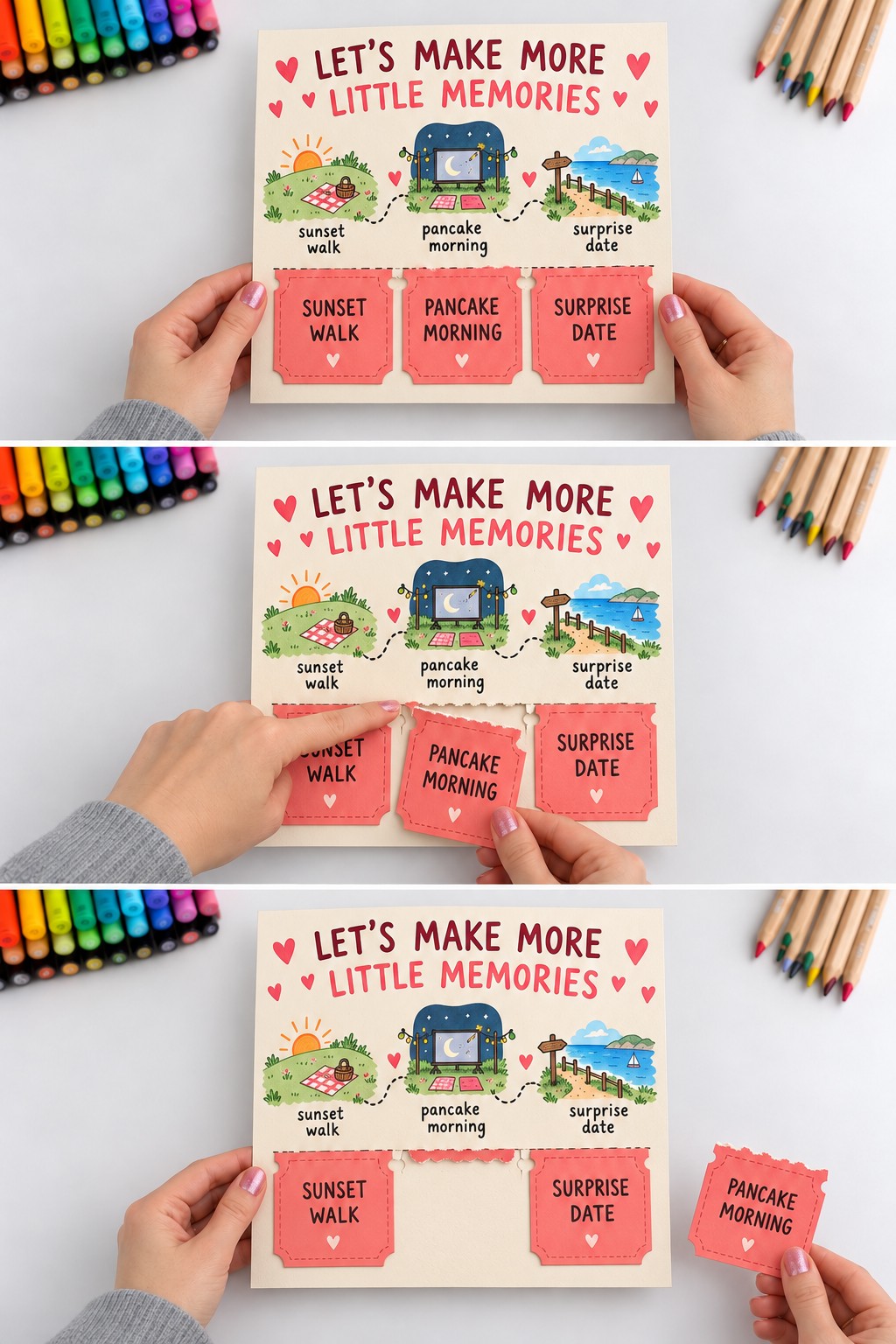 Three views of a memory making poster with sunset walk pancake morning and surprise date scenes above removable coral tickets