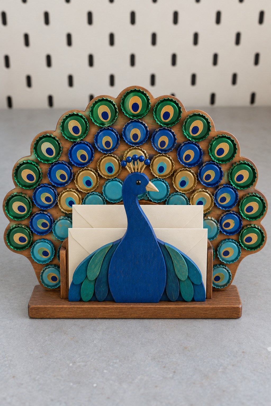Peacock letter holder with a blue body and fan shaped tail decorated with green, gold, and blue painted metal bottle caps