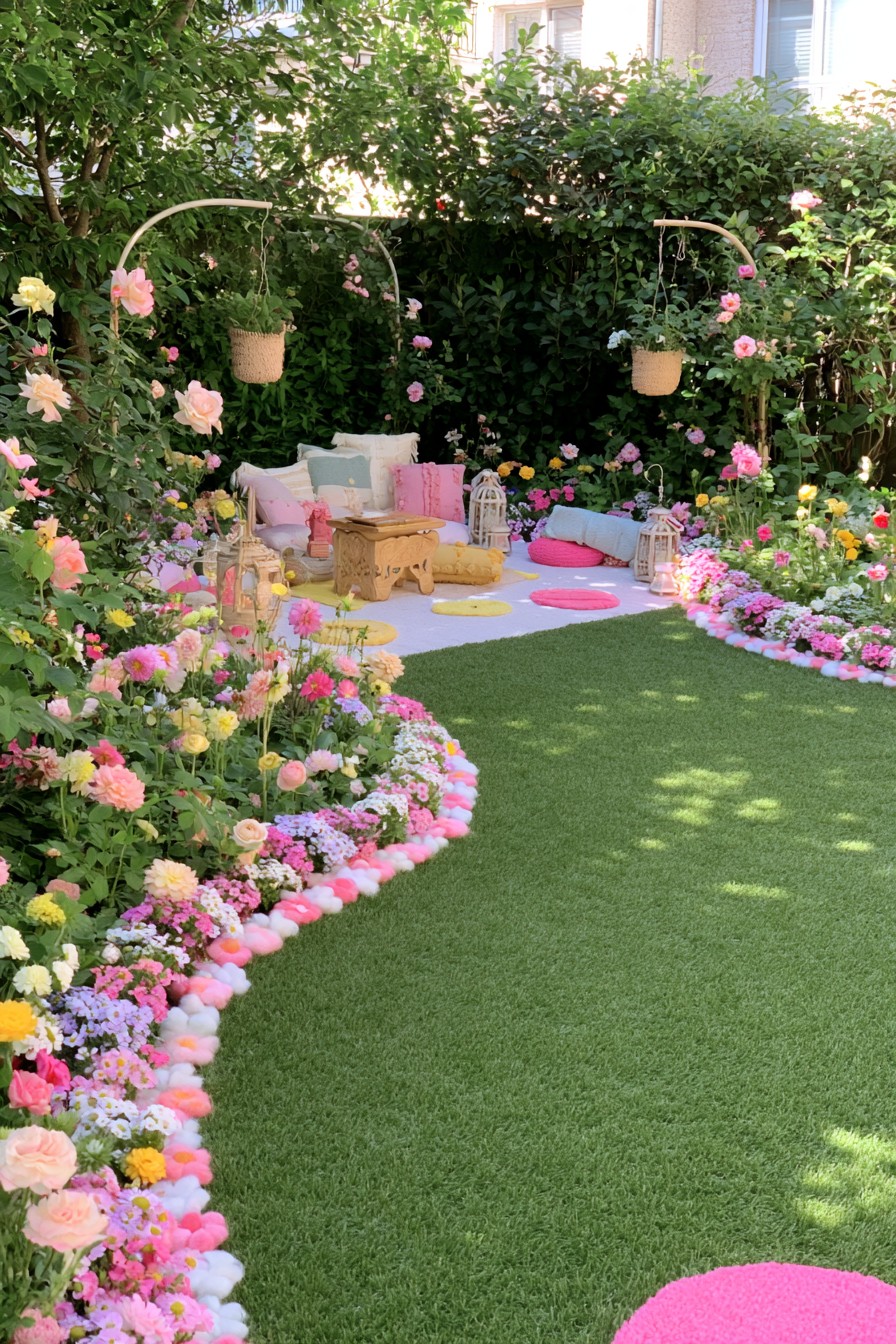 Romantic bohemian garden retreat with curved floral borders
