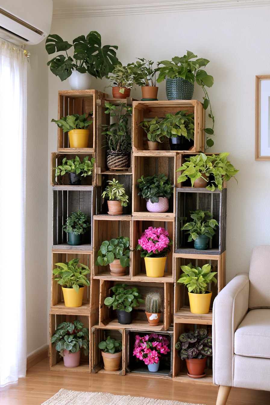 Tiered indoor plant display built with wooden crates