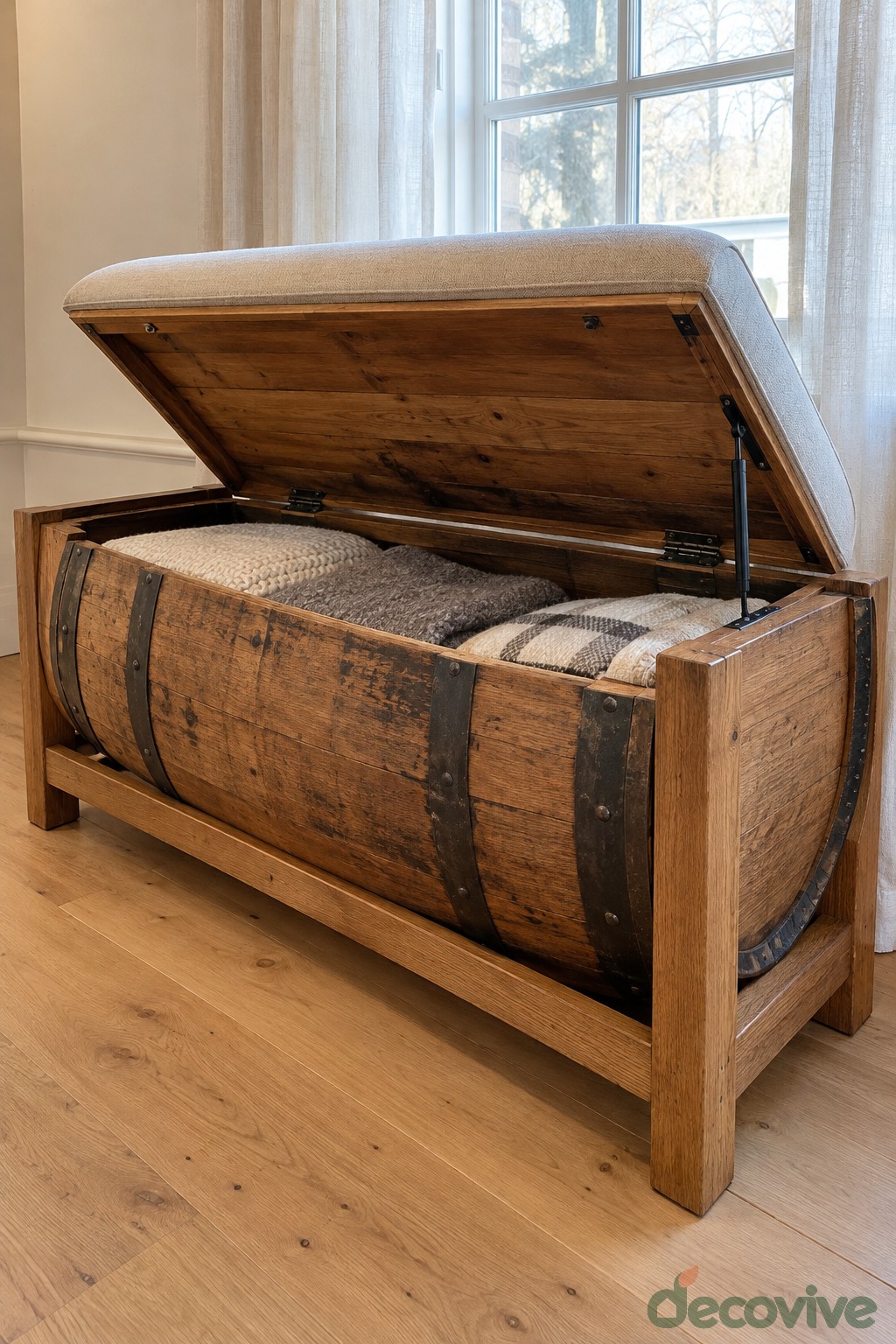 A Storage Bench Made from a Horizontal Barrel