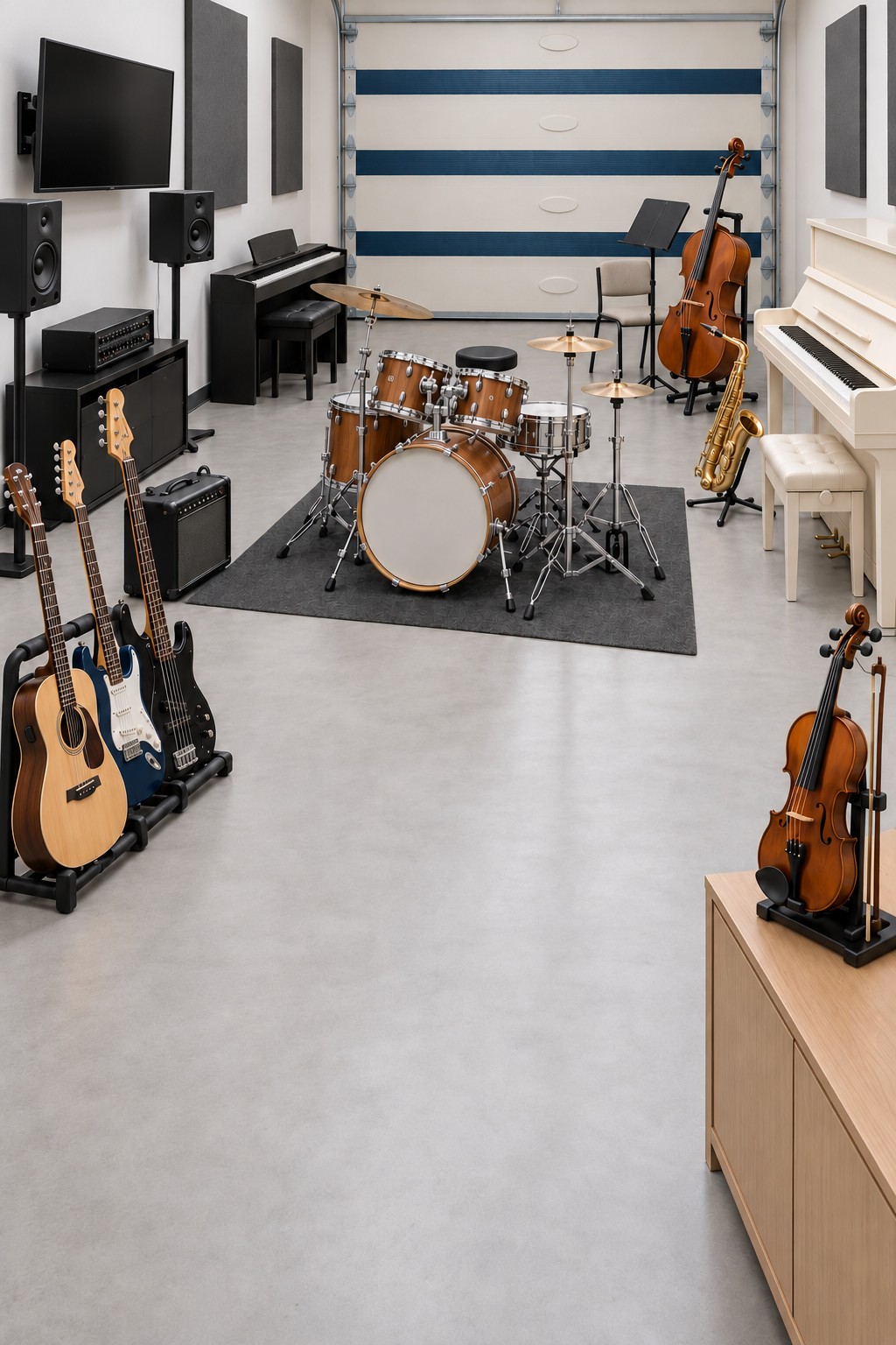 Garage music rehearsal room with a central drum kit, guitars, upright piano, keyboard, cello, speakers, and acoustic panels