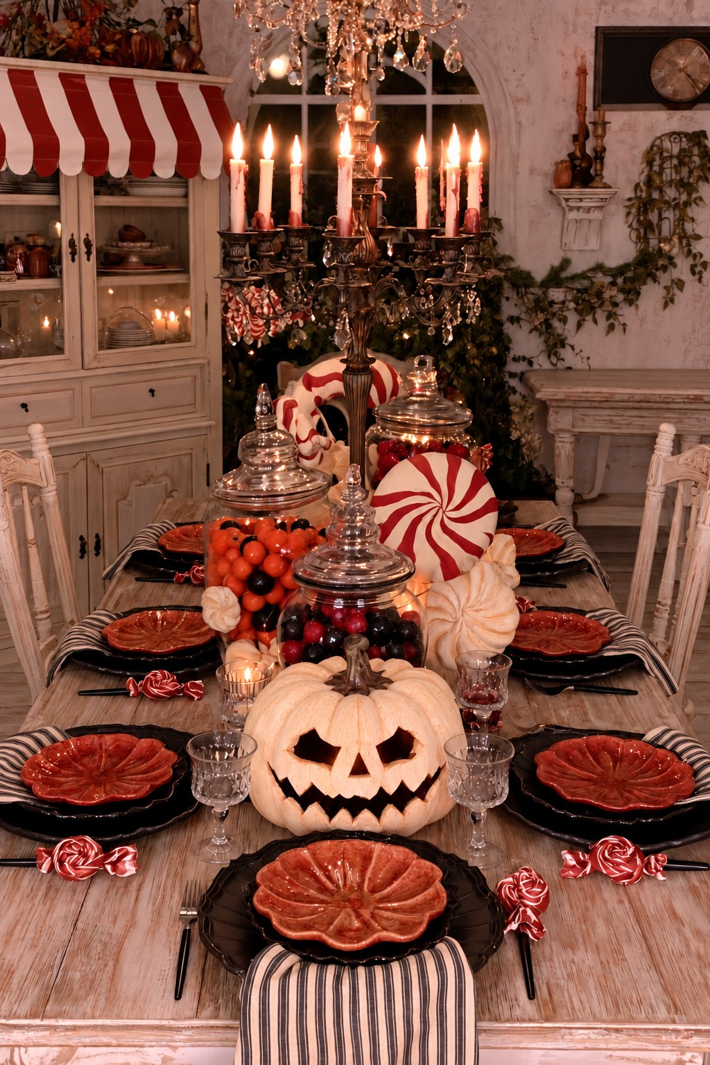 Cream jack-o’-lantern, peppermint-style decorations, striped napkins, and glass jars on a dining table