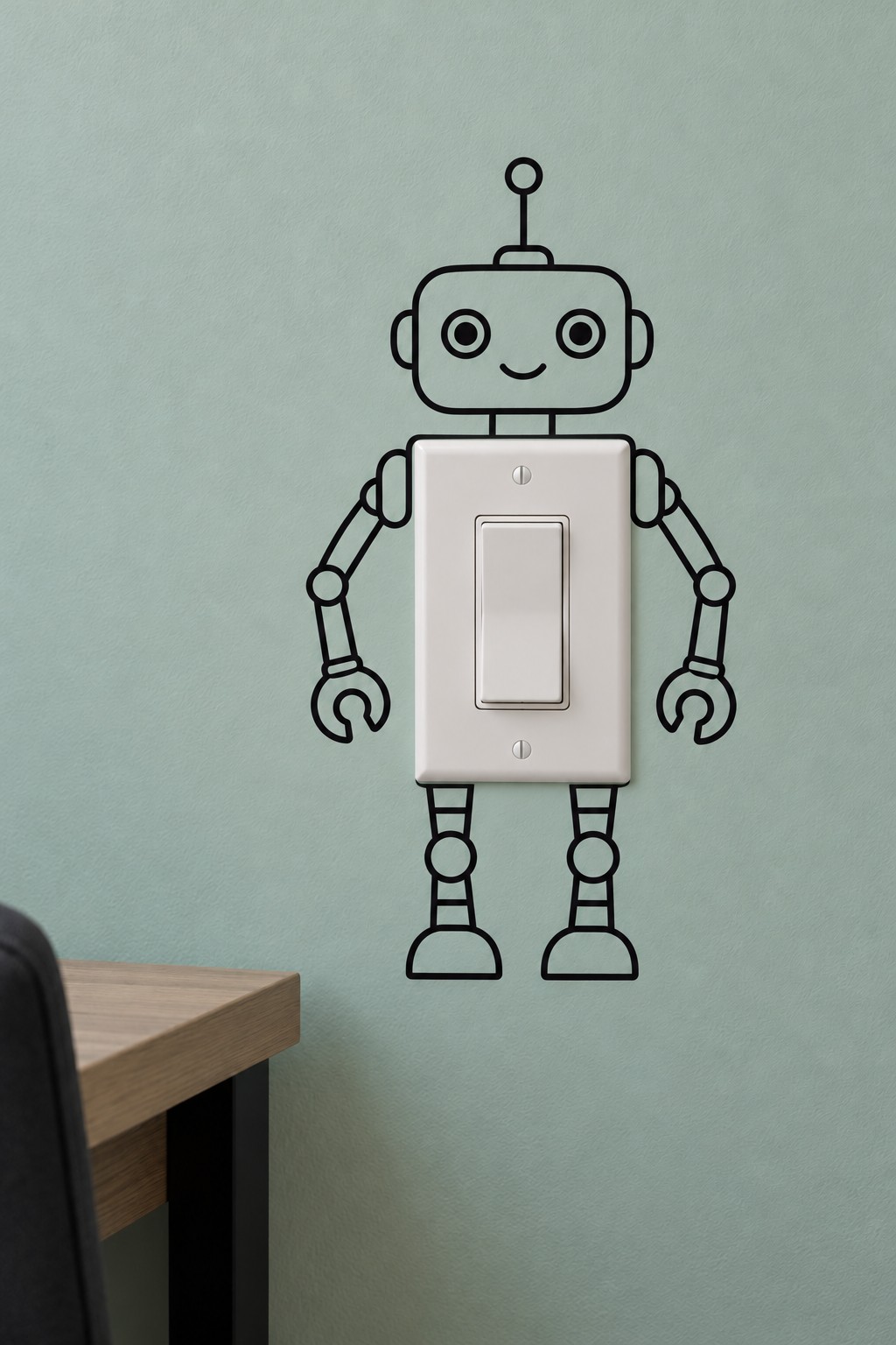 White light switch plate serving as the torso of a smiling robot drawn on a mint wall