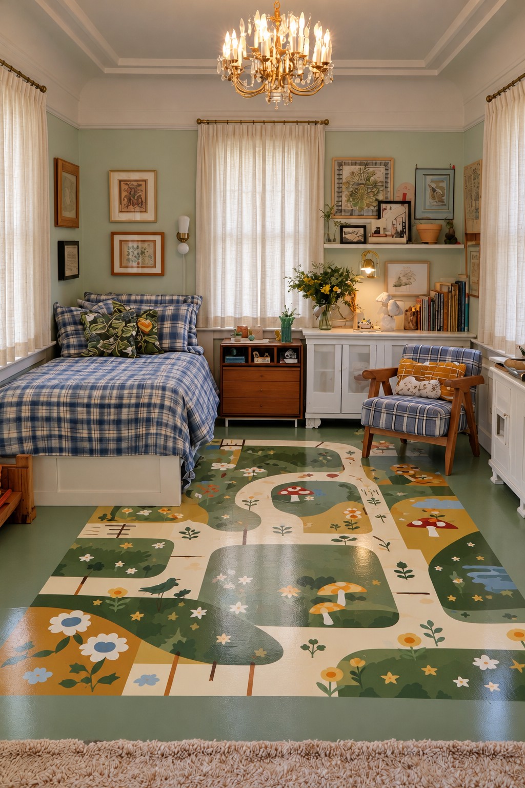 Bedroom floor illustrated with winding cream paths, green garden areas, flowers, and small mushrooms
