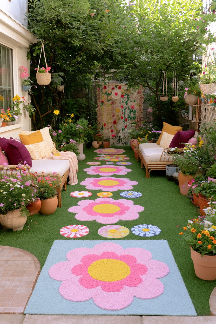 Colorful bohemian garden walkway with relaxed rattan seating