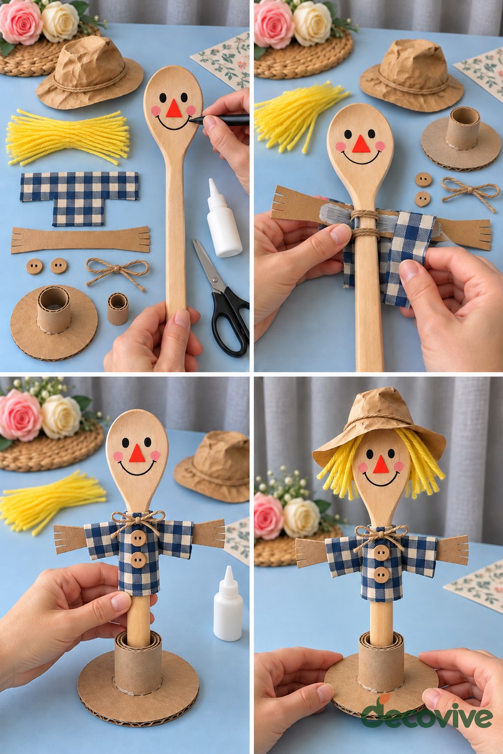 Making sequence for a wooden spoon scarecrow on a cardboard stand