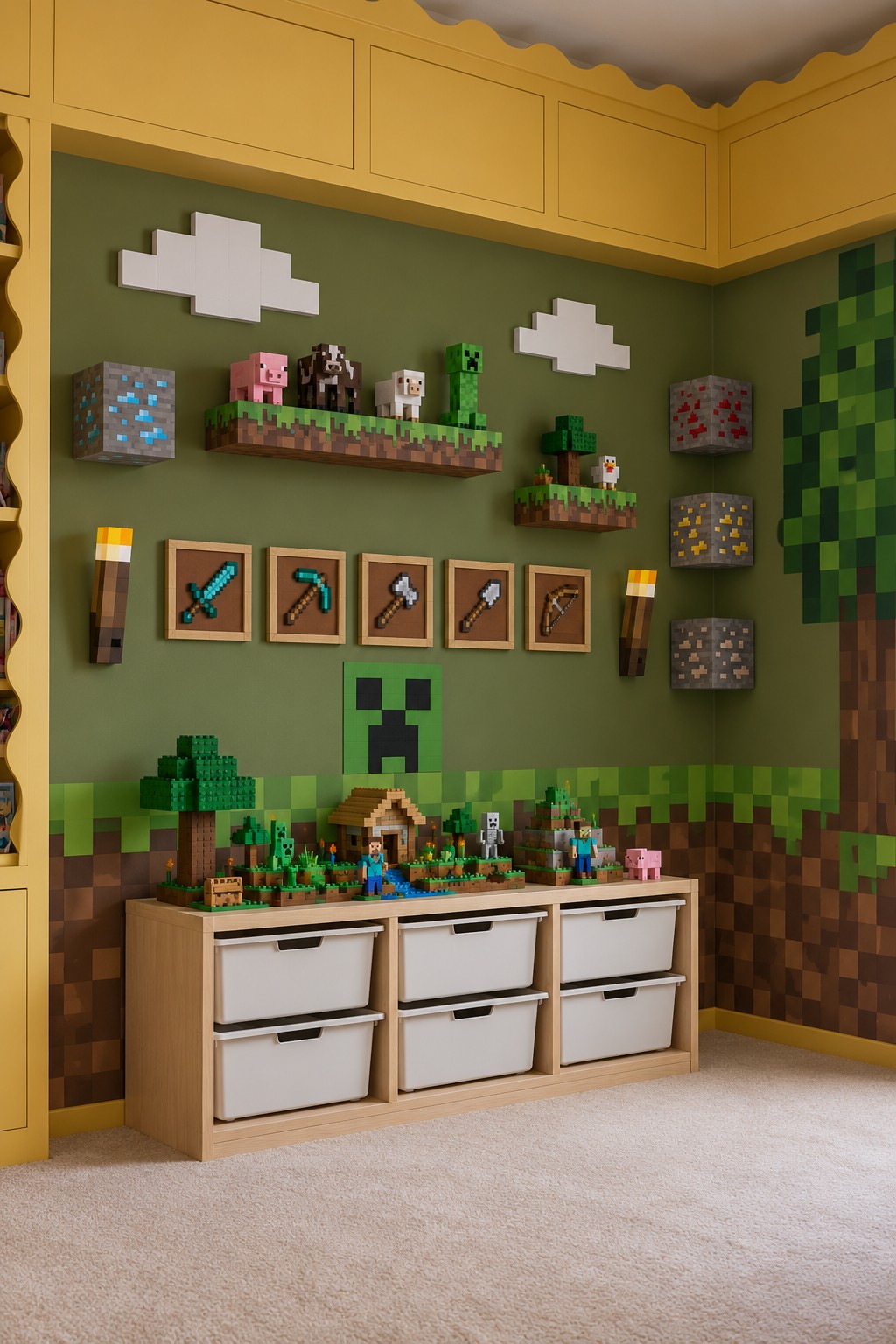 Green pixel themed wall with block models, display shelves, framed tools, and six white storage bins