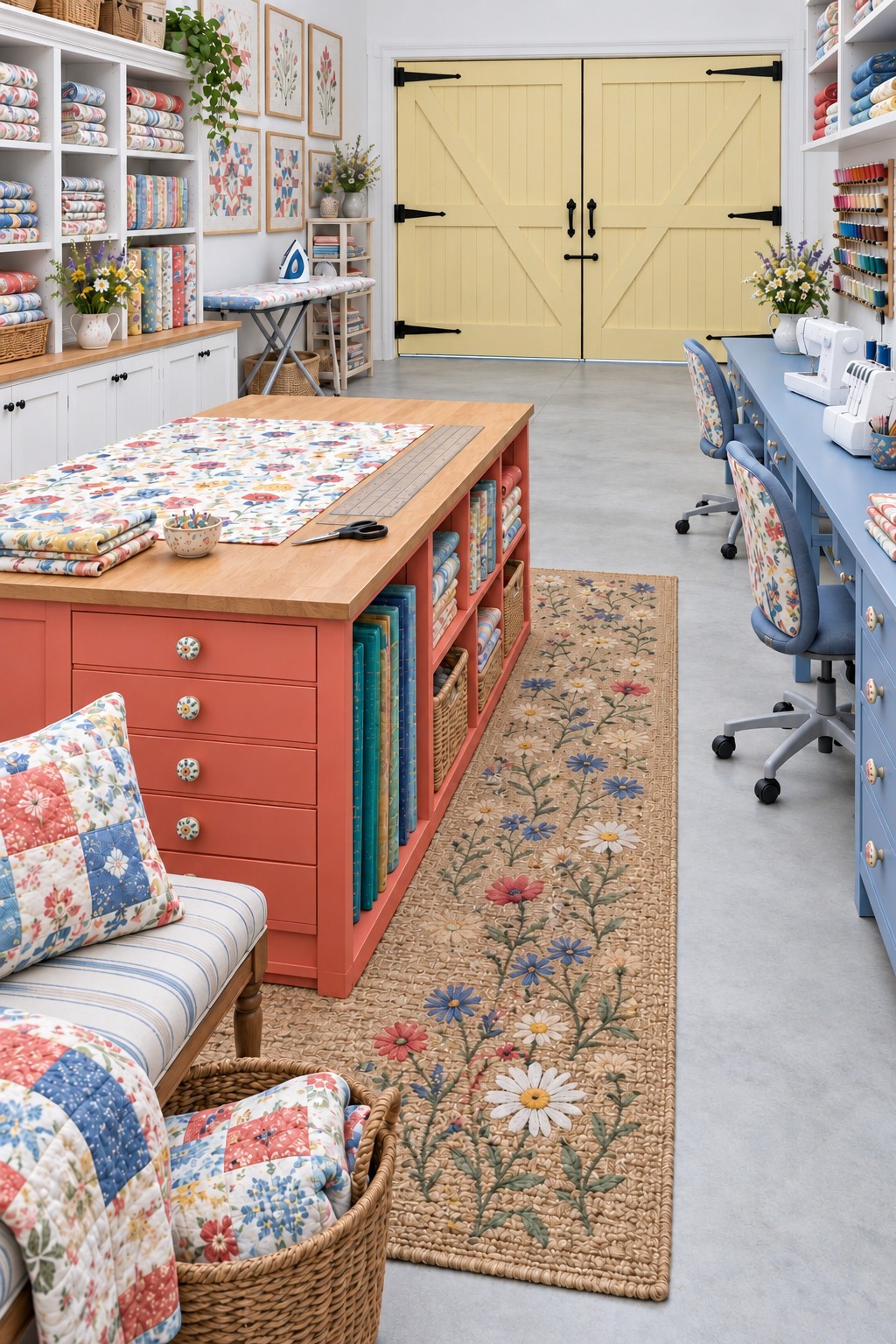 Colorful garage sewing room with a coral cutting island, blue sewing desks, fabric cubbies, and yellow doors