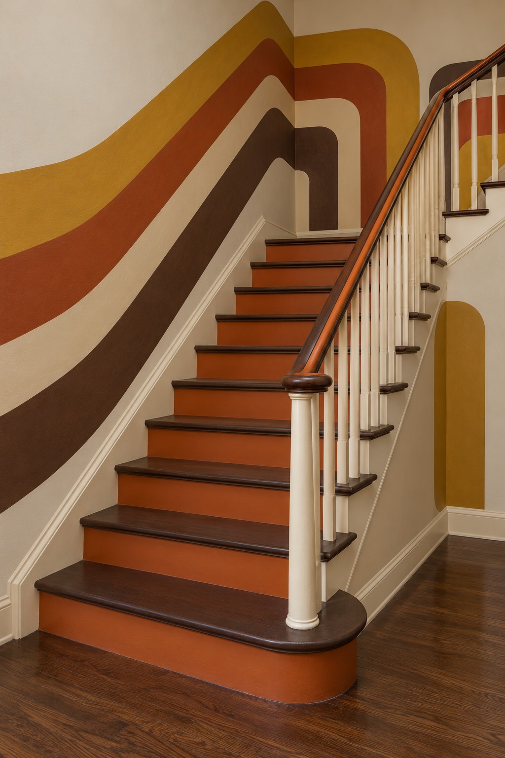 Burnt orange stair risers with wood toned treads and wide mustard, rust, cream, and brown wall bands