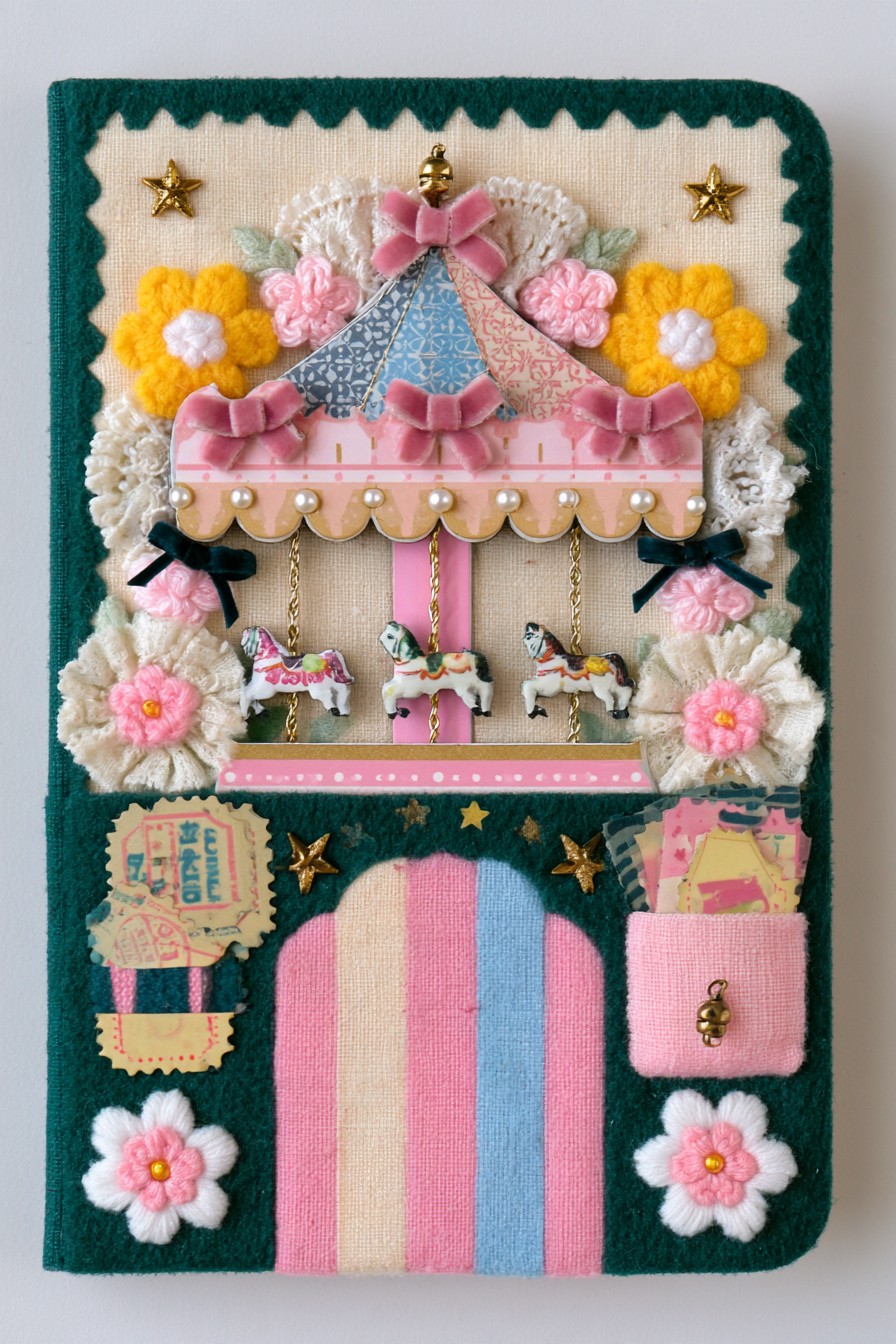 Teal sketchbook cover with a pastel carousel canopy, miniature horses, flowers, and a small side pocket