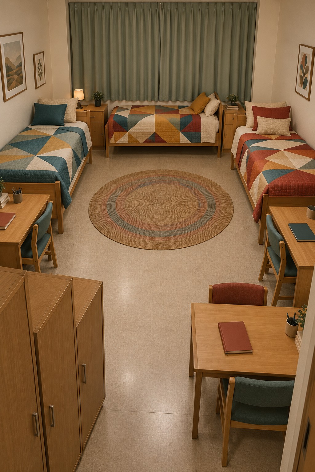 Three low wooden beds with multicolored geometric quilts arranged around a round woven rug