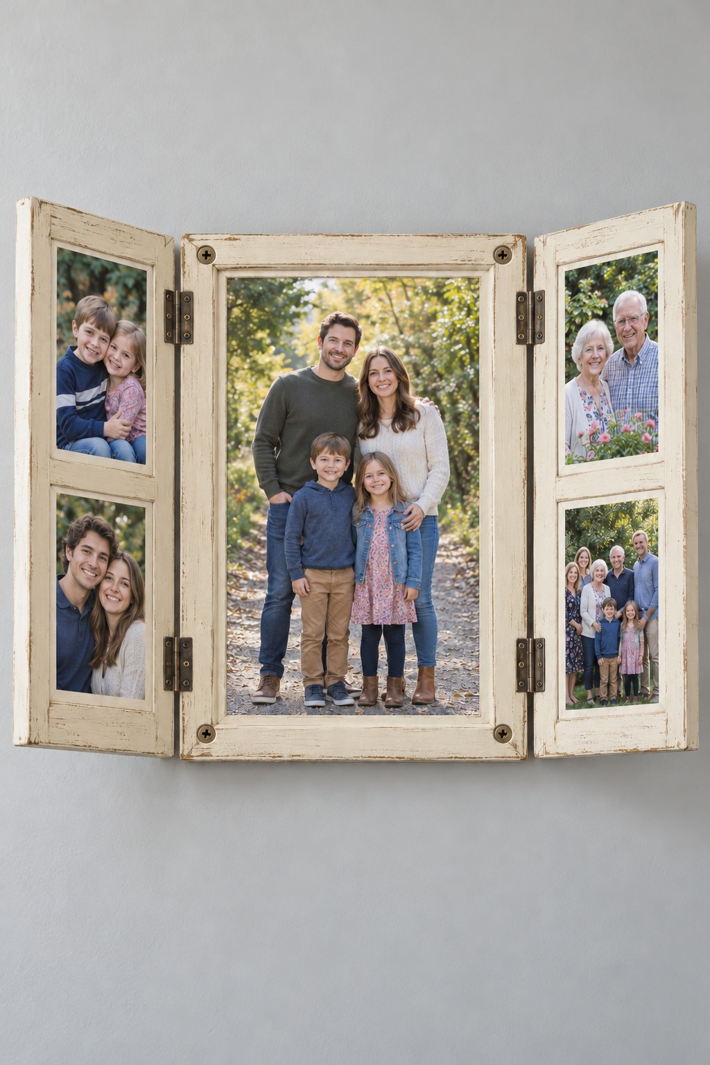 Distressed cream shutter frame with one large central portrait and four smaller side pictures