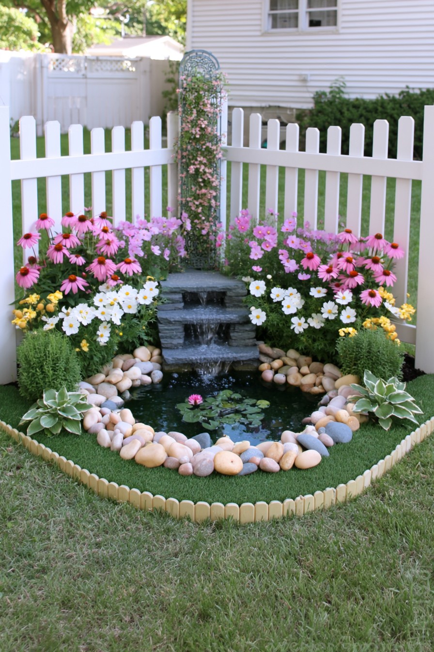 Small stone-edged corner pond with a stepped waterfall and a white picket fence
