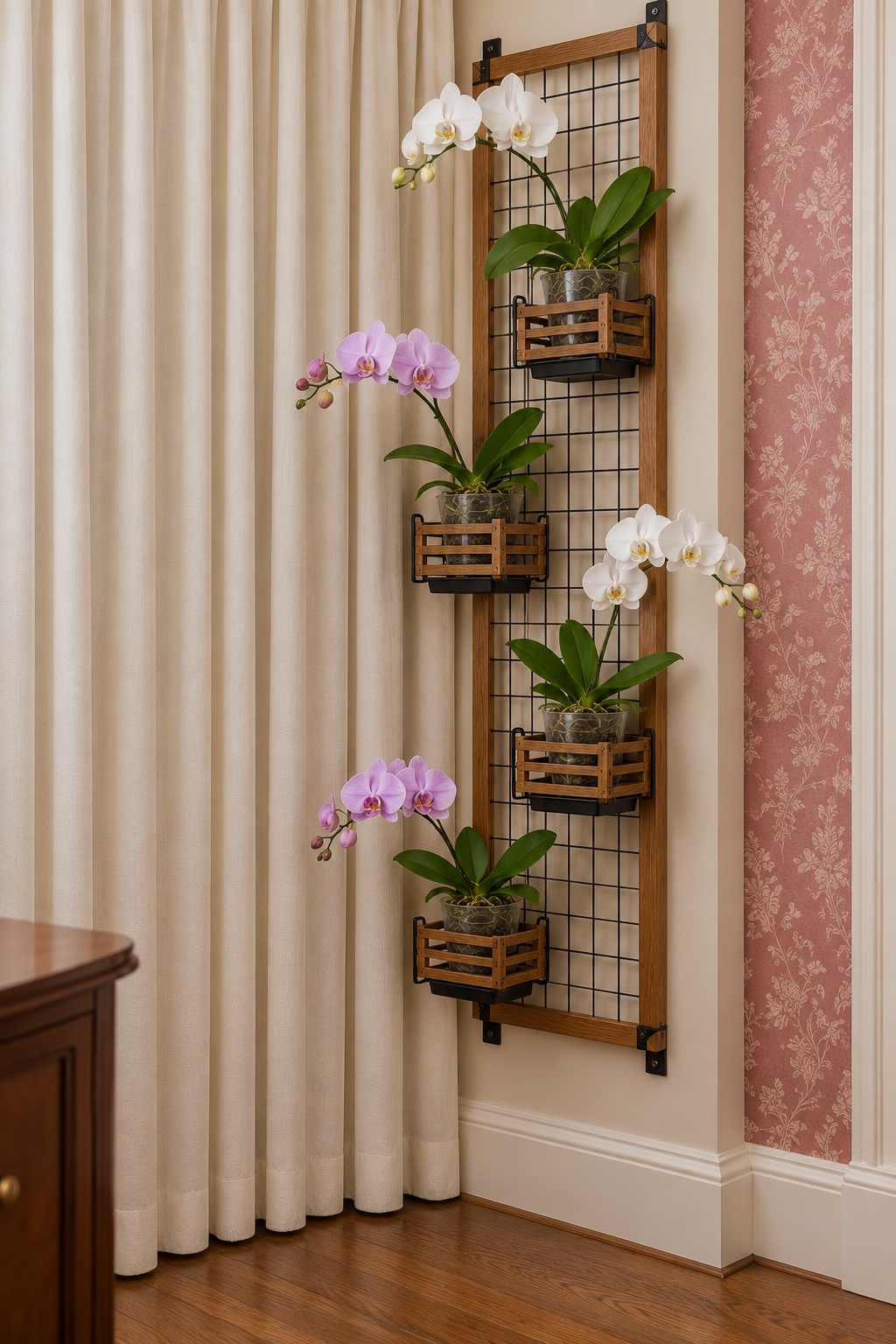 Wood framed black metal grid carrying four small slatted orchid baskets