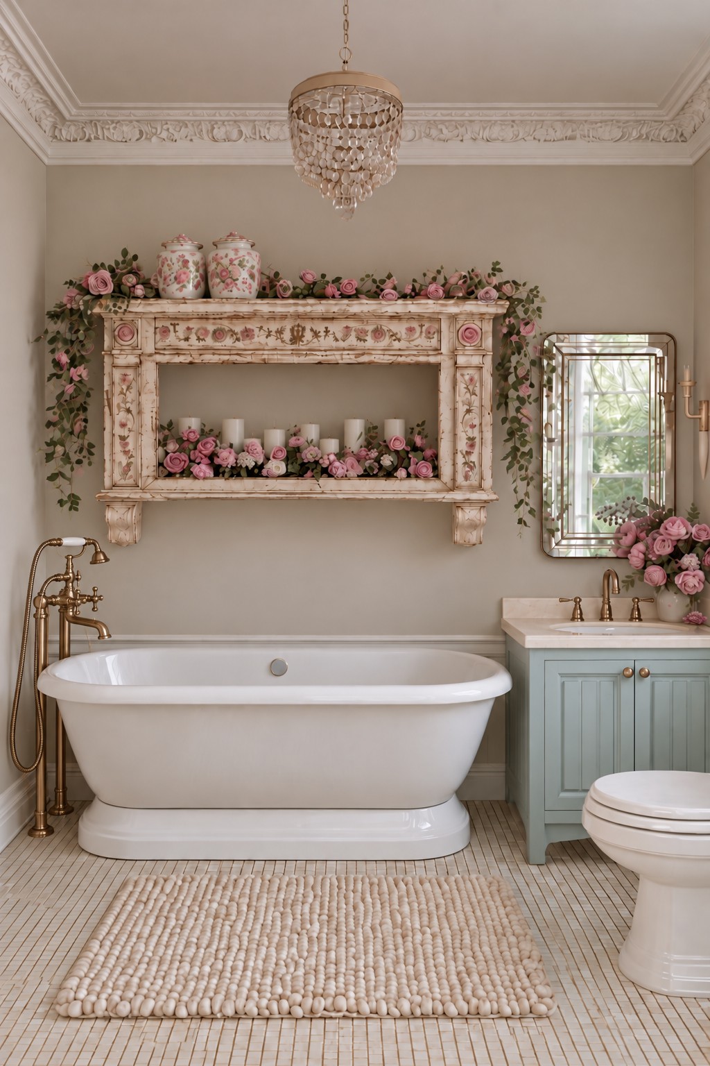 Floral mantel style wall display above a white freestanding tub beside a soft blue vanity