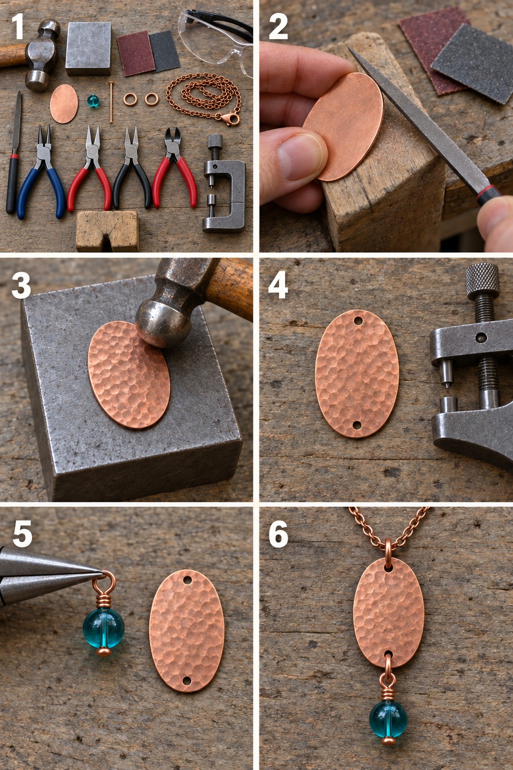 Six illustrated stages for making a hammered copper oval pendant: materials, edge smoothing, hammering, two attachment holes, a wrapped teal bead, and the assembled necklace