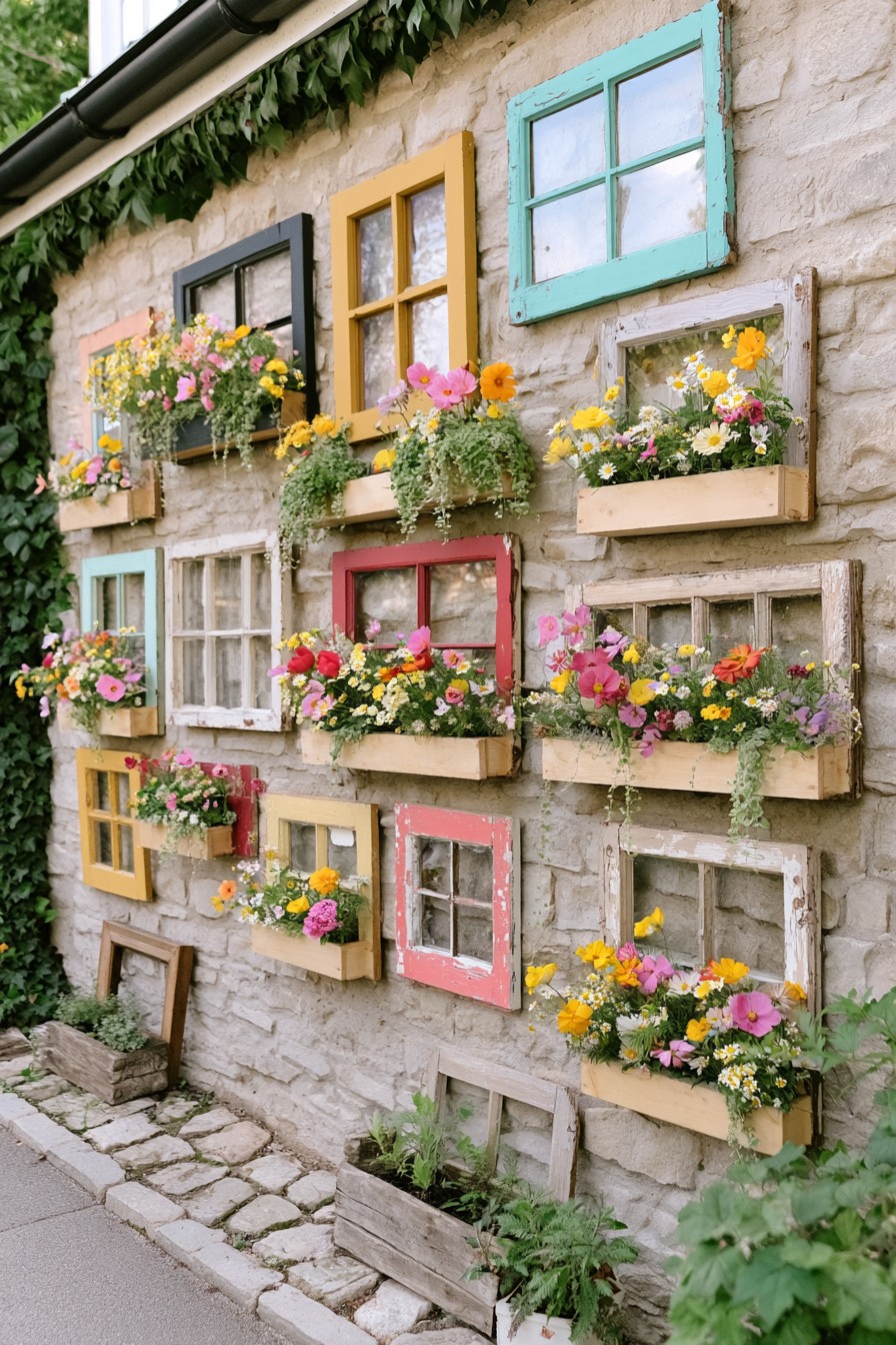 Mixed vintage window frames and flower boxes mounted on a stone garden wall