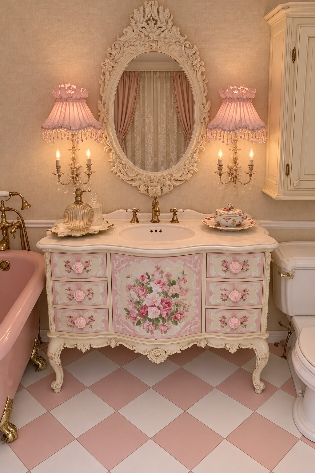 Ornate pink floral vanity beneath a carved oval mirror with pink shades and blush checkerboard flooring