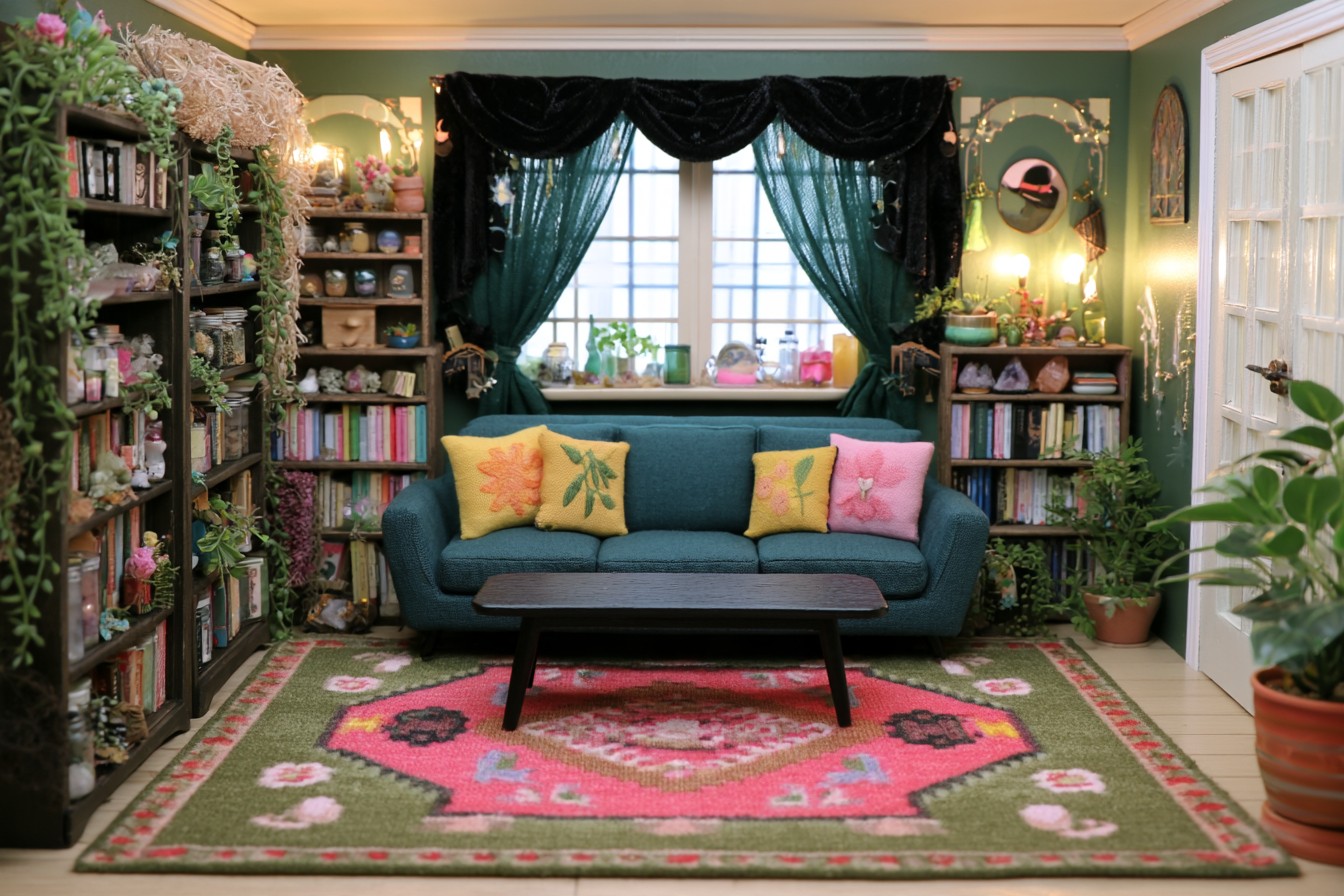 Blue green sofa surrounded by wood bookcases and trailing plants, with black and teal curtains and a green floral rug