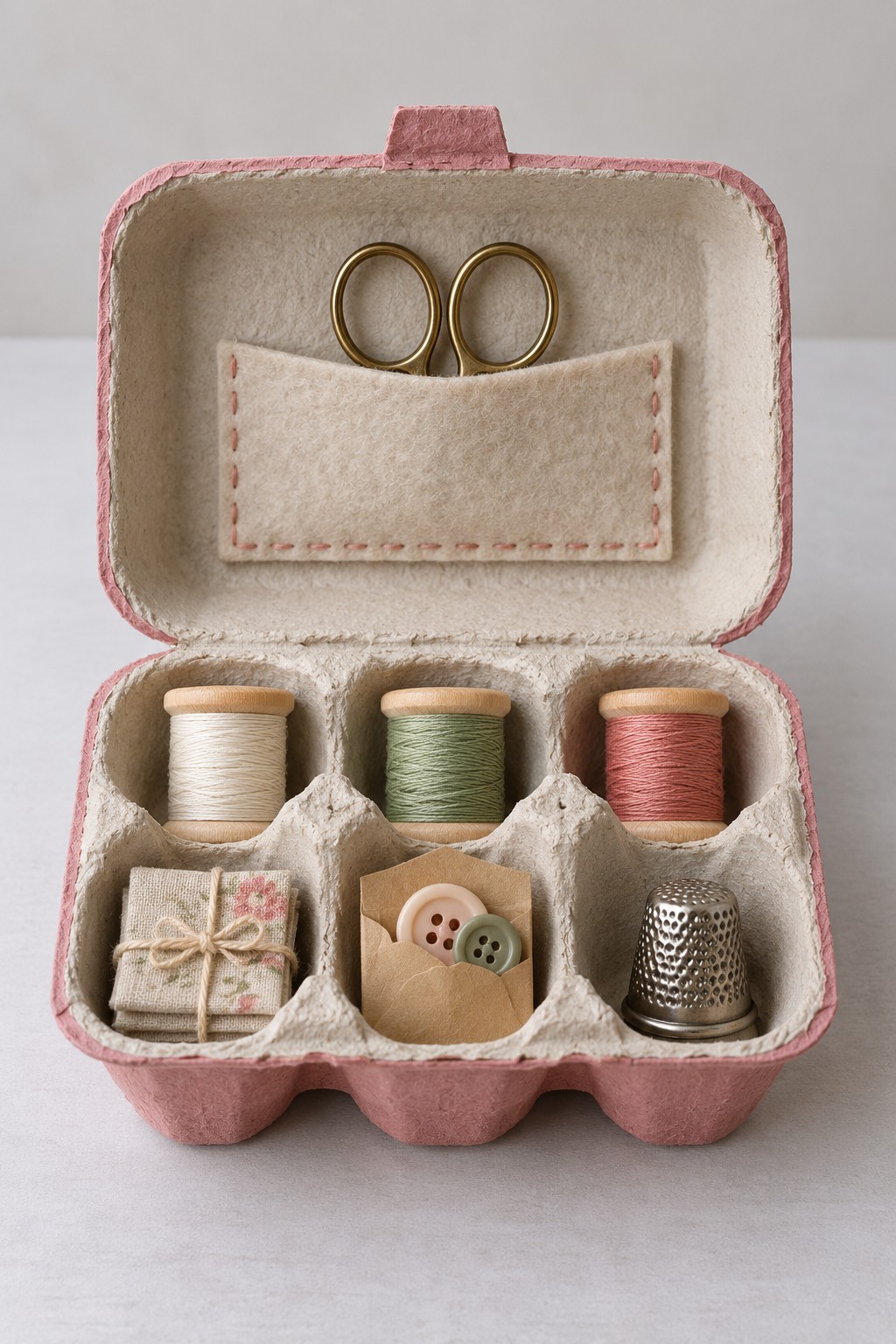 Pink six compartment pulp carton holding sewing threads, fabric, buttons, a thimble, and scissors in a felt lid pocket