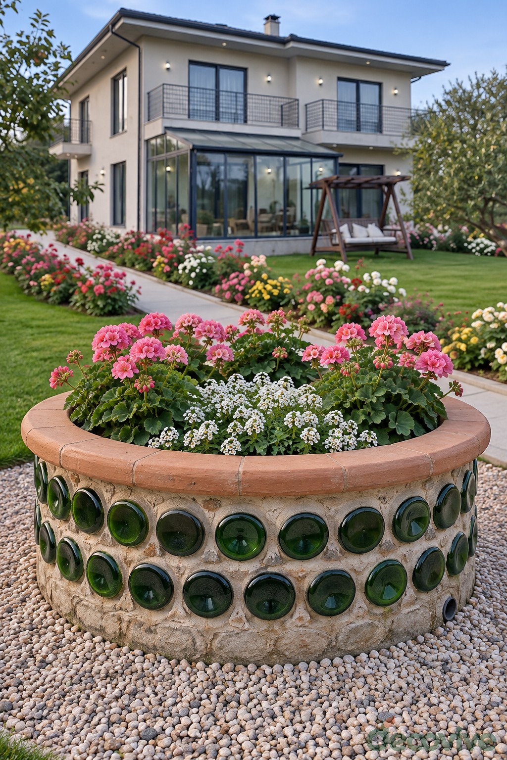 Circular masonry flower planter with green bottle bases embedded in its sides