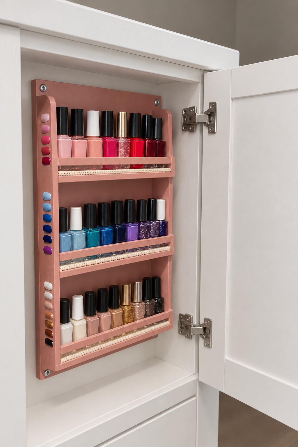 Pink three shelf nail polish rack fixed inside a white cabinet with swatches down one side