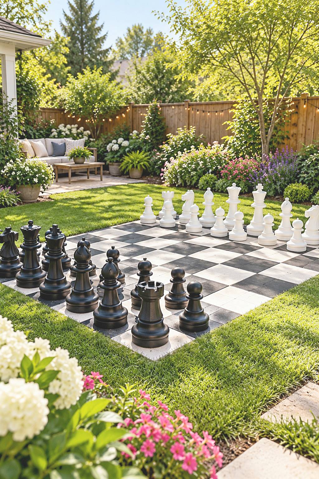 Large black-and-white garden chess board with oversized pieces