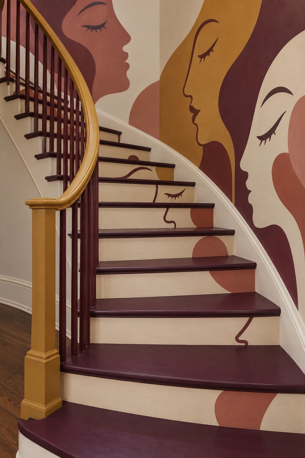 Curved staircase with plum treads, cream illustrated risers, mustard handrail, and large abstract faces